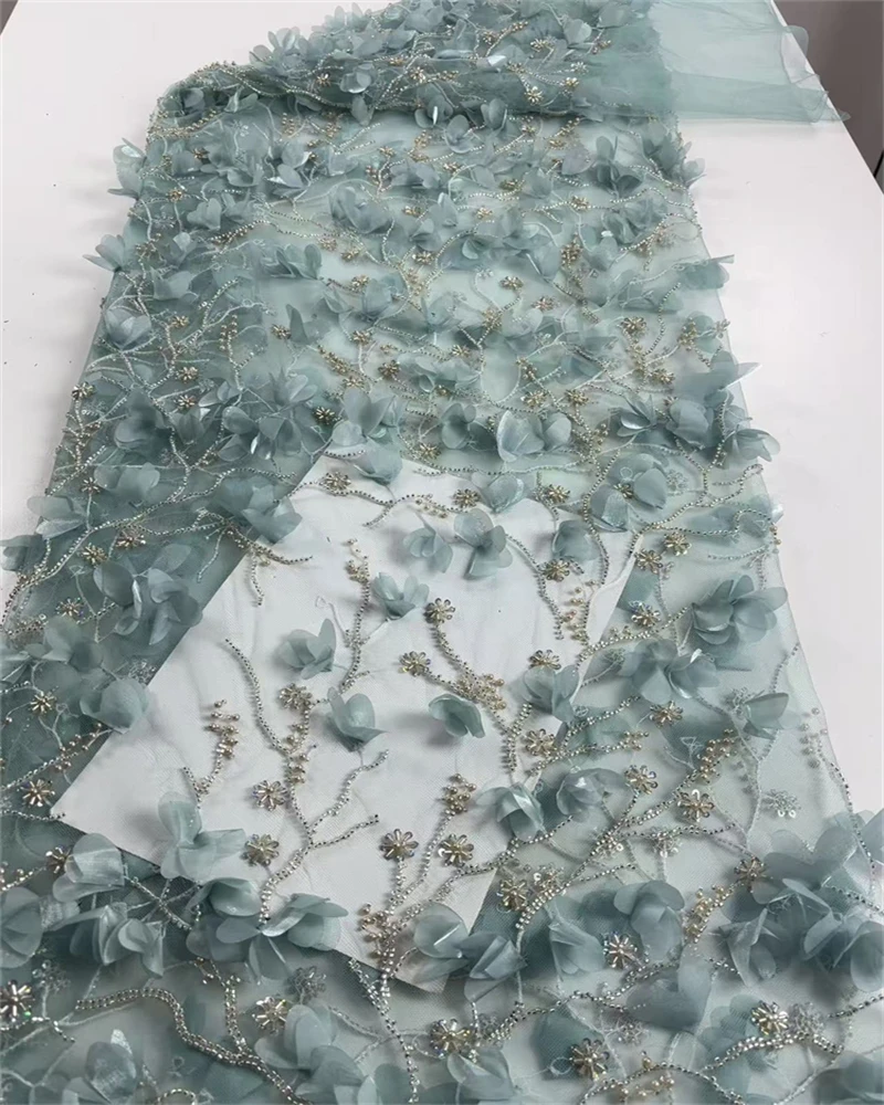 3Dフラワーフレンチレース生地、ビーズネット、ウェディング用スパンコール付きアフリカンレース、高品質