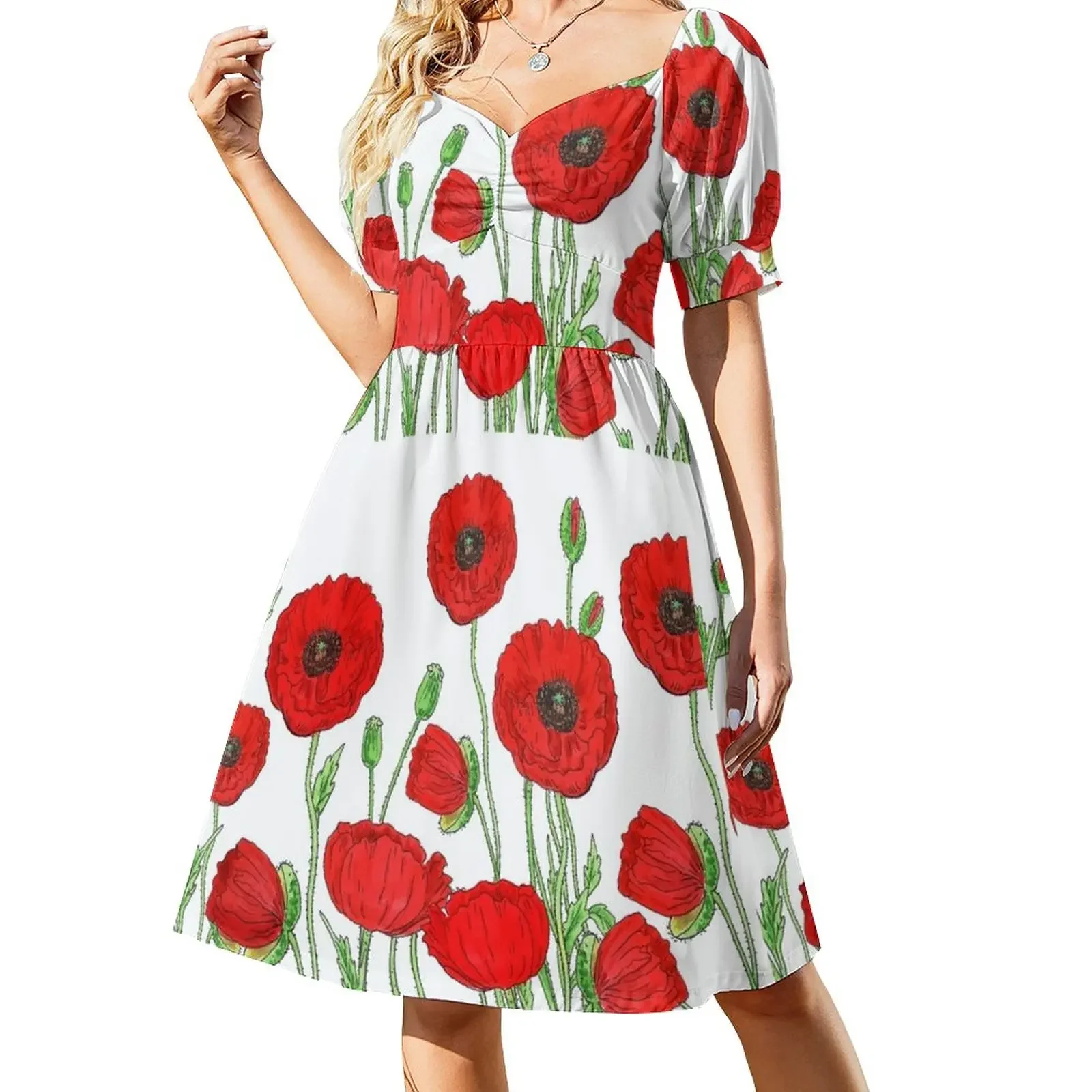 

Red Poppies Field Of Flowers Watercolor Pattern by Irina Sztukowski Short-Sleeved Dress women's summer jumpsuit