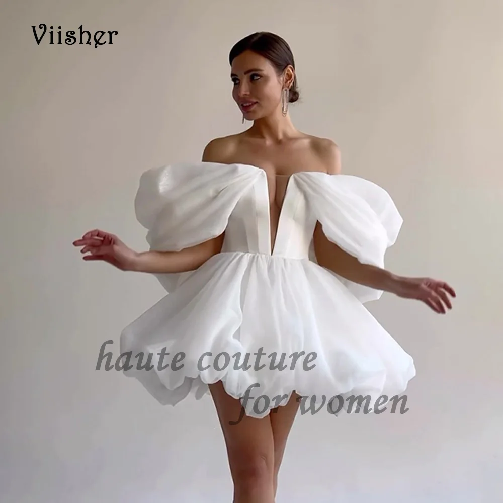 

Viisher White Short Prom Dresses Off Shoulder Draped Satin A Line Evening Party Dress for Teens Cocktail Dress