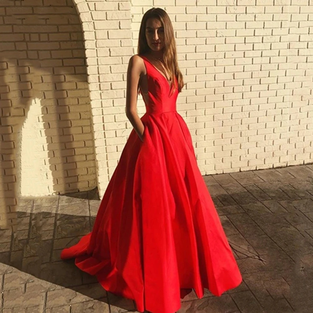 

Angelsbridep Simple Red Long Satin Evening Formal Occasion Dresses For Women Deep V-Neck Backless Prom Party Gowns With Pocket