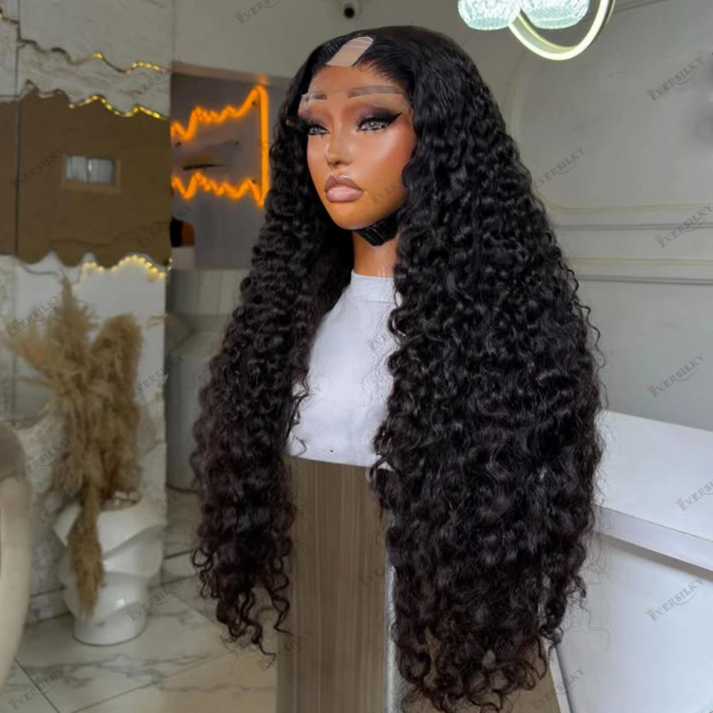 

Remy Indian Human Hair Natural Black Deep Curl Wave Black Women 250%Density U Part Wigs Cheap Machine Made 1x4 V Part Wigs