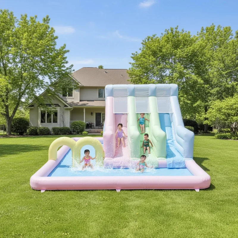 Pastel Macaron 3-Lane Inflatable Water Slide with Pool, Kids Bounce Castle for Backyard Party Amusement Park