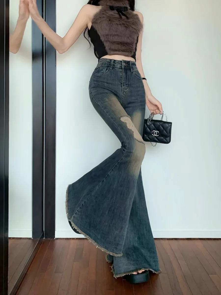 

American Sle Retro High Waist Wide Leg Jeans Women's Bell Bot Fi Tail Floor Length Pants Slimming Waed Denim