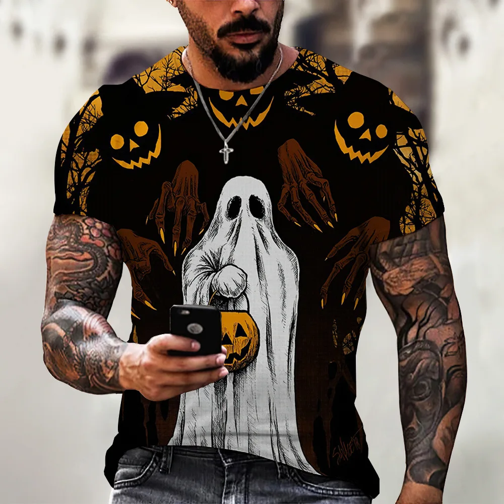 Halloween T-shirt 3d Pumpkin Head Print Short Sleeve Fashion Ghost Pullover New Skeleton T Shirt For Men Oversized Clothing