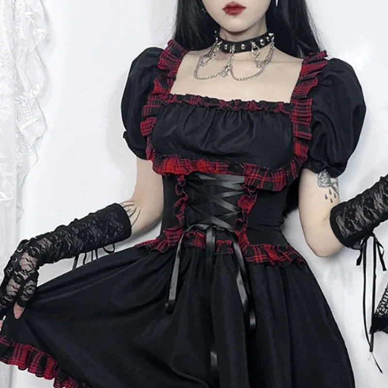 

2025 Cute Sweet Gothic Lolita Dress Women Streetwear Harajuku Dark Punk Cosplay Red Plaid Hem High Waist Bandage Corset Dress