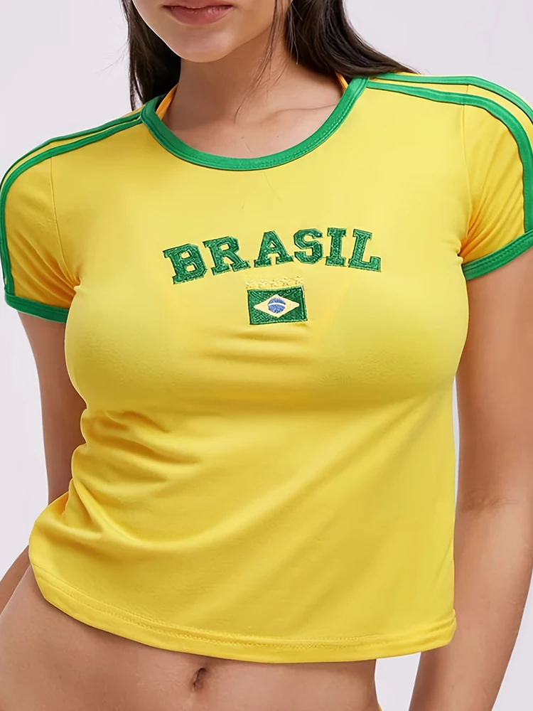 Y2K Women s Slim Fit Letter Print Crop Top Summer Sexy Streetwear Midriff Baring Short Sleeve T Shirt Trendy Casual Tee