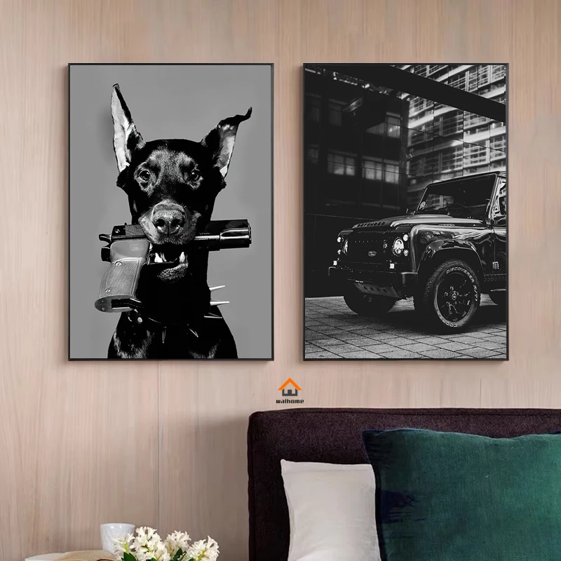 Black and White Luxury Car Doberman Posters and Prints Nordic Canvas Painting Wall Art Picture for Modern Home Living Room Decor