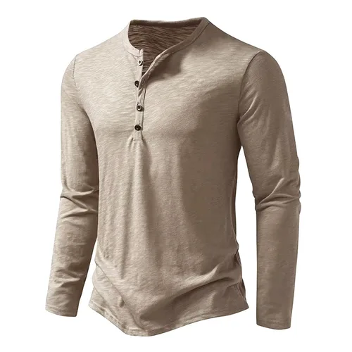 Imagen 2 del producto Camiseta de manga larga para hombre, camisetas informales con botones y cuello Henley de algodón ligero y transpirable, camisetas masculinas de Color sólido para primavera y otoño