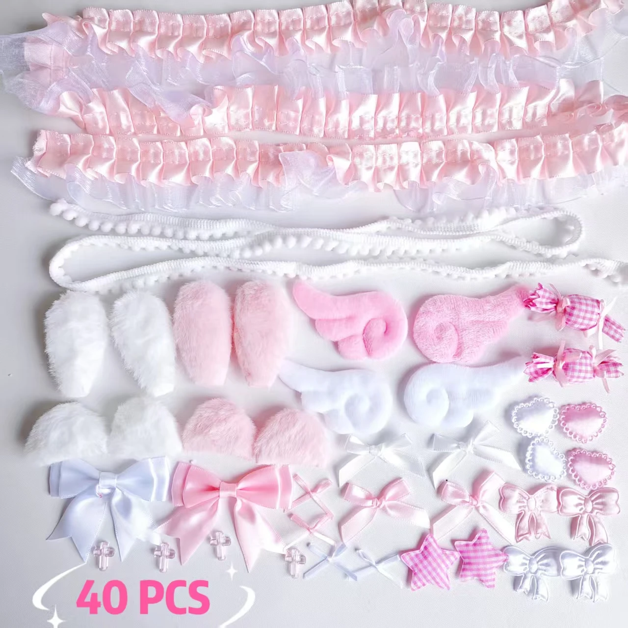 40 Pieces of Lace Handmade Material Kit, Lace Plush Bunny Ears, Angel Wings Accessories, Clothing Accessories, Heart and Star Set