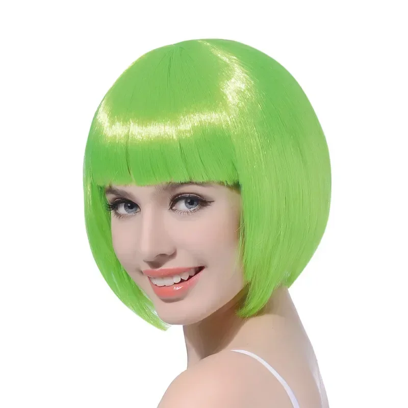 AICKER Synthetic Wig Green 12 Inch Short Colored Bobs Wig With Bangs Women Natural Black Red Carnival Costume Party Cosplay Hair