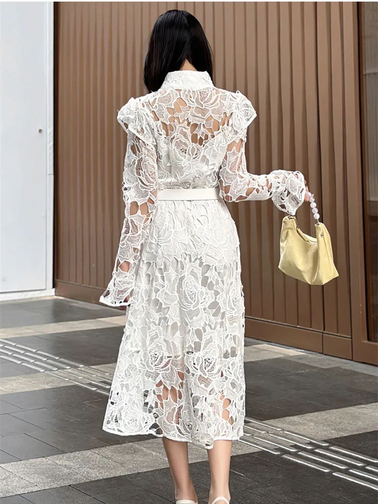 French Temperament Court style Water-soluble Lace White Dresses Women's Embroidery Splicing Belts Shirt Dress for Women