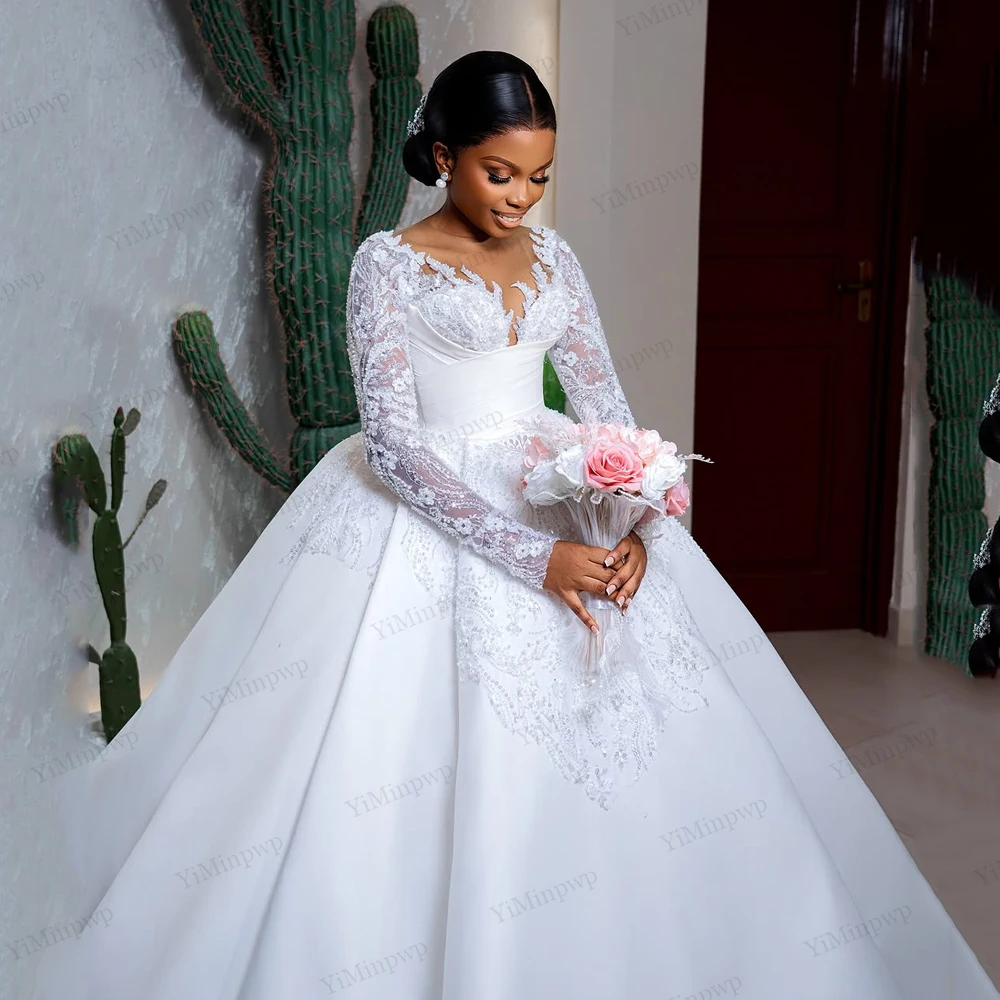 Vestidos de novia de satén de lujo 2 en 1, estilo sirena para novia, encaje, manga larga, tren desmontable, personalizado, 2026