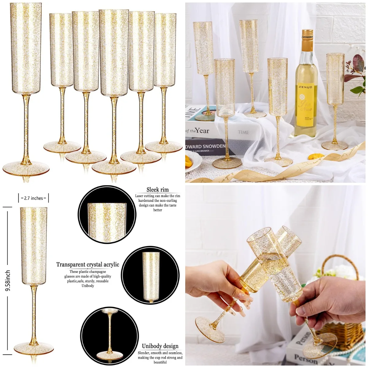 

24 Pack Gold Glitter Champagne Flutes - 6 Oz Disposable Plastic Wine Cups for Wedding, Party, Birthday