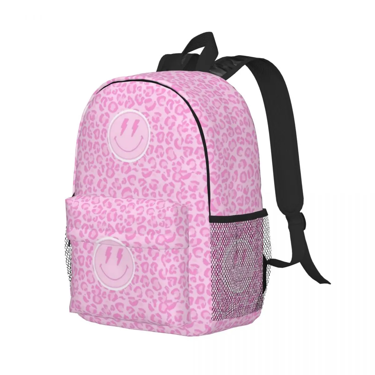 Preppy Schoolbenodigdheden, Preppy, Esthetisch, Roze, Luipaardprint, Glimlach, Preppy Voor Meisjes Jongens Grote Capaciteit Studentenrugzak 15Inch