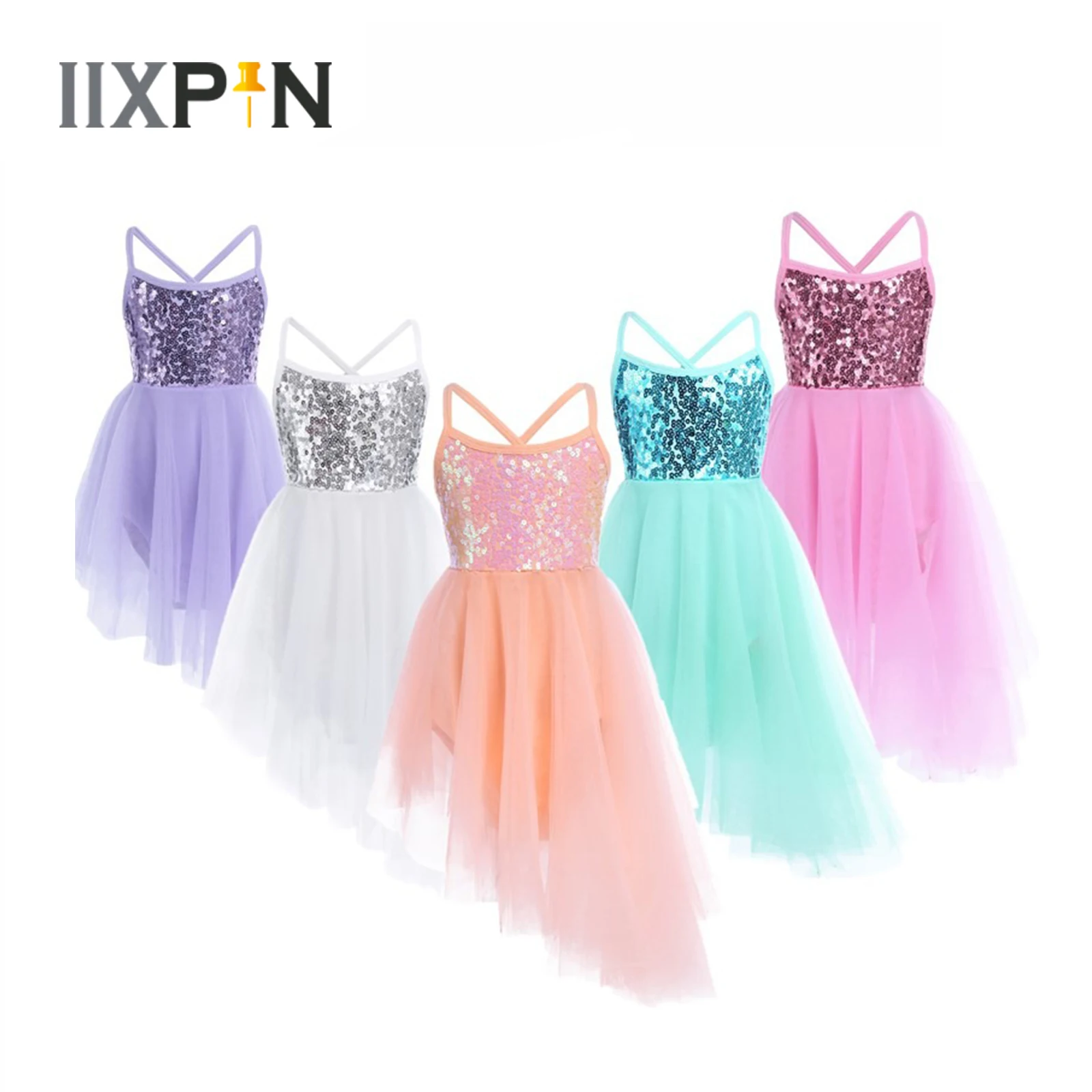 

Kids Girls Sequins Ballet Tutu Dress Gymnastics Leotard Dress Sleeveless Tulle Dress Children Contemporary Lyrical Dance Costume