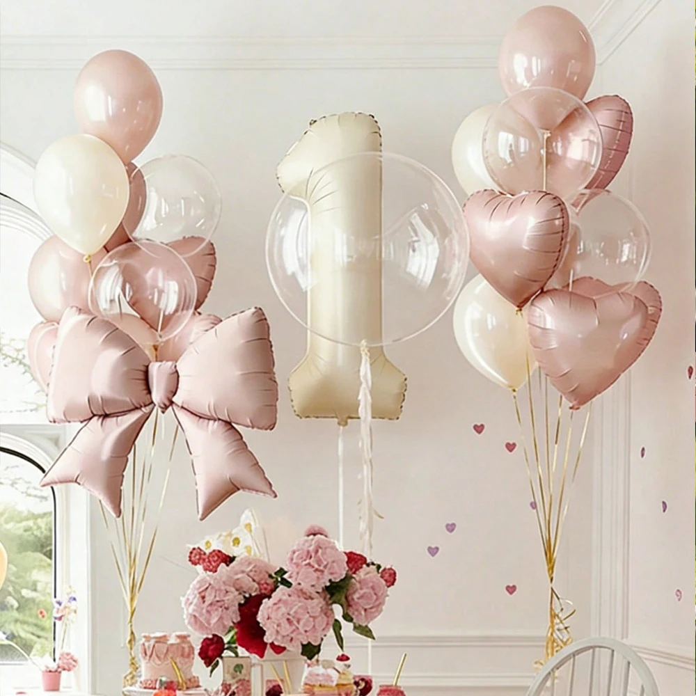 Milchweißes Zahlen- und Schleifenballon-Set Rosa Schleifenband Transparenter Bobo-Ballon für Geburtstagsfeier Jubiläumsfeier Dekoration – Detail 6
