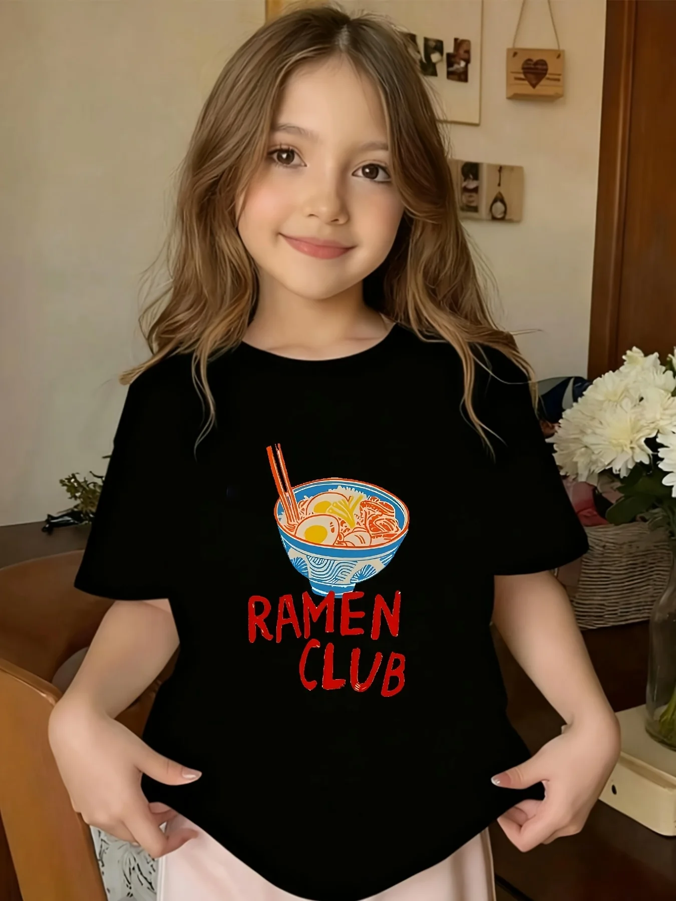 Niedliches Ramen Club Nudelschüssel-Food-Grafik Kinder-T-Shirt für Jungen und Mädchen, Familien-Matching, Baumwolle, Rundhals, Kurzarm, Weiches Sommer-T-Shirt