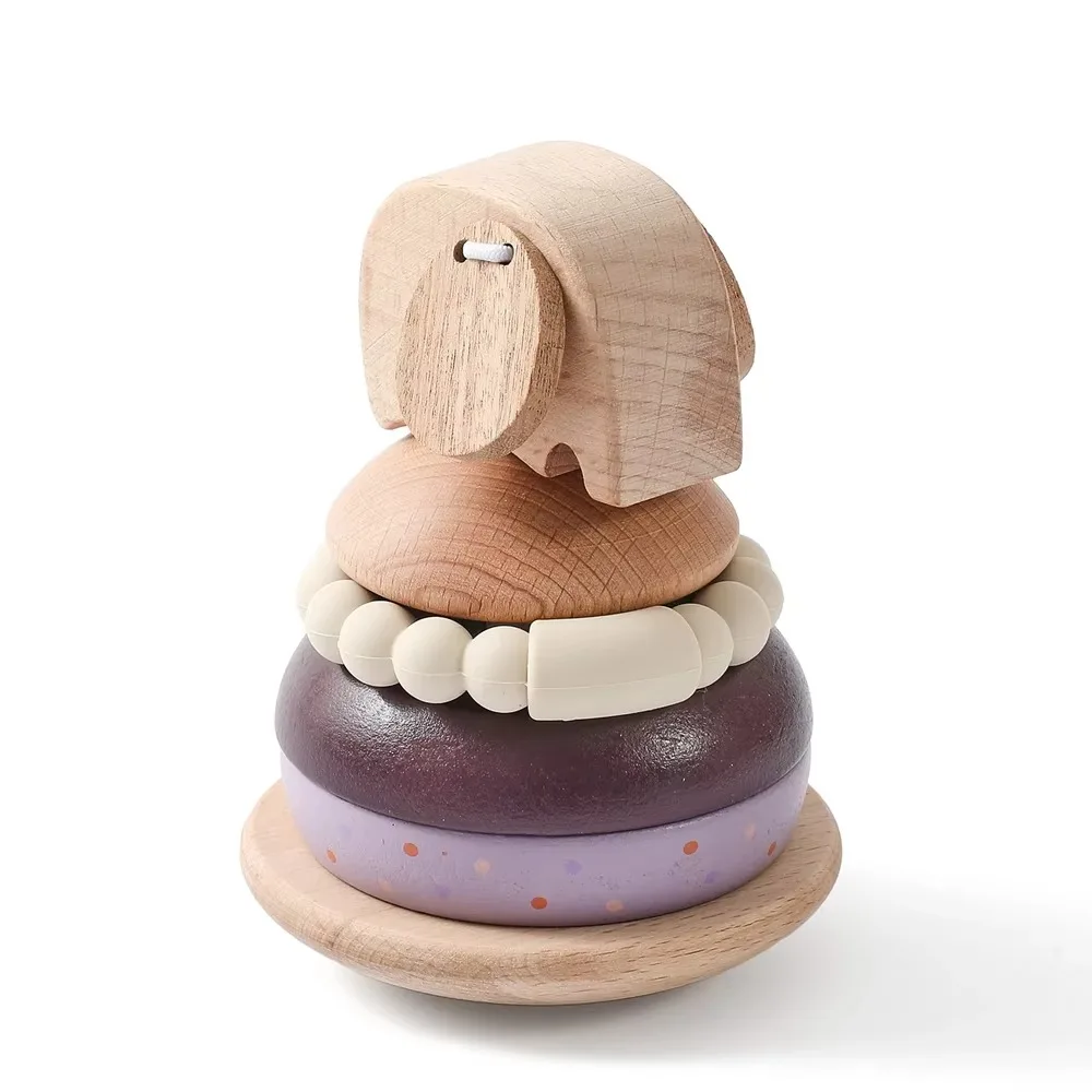 Holz Baby Pole Stapel Stapelbare Sinne Erfassen Tier Blöcke Pädagogisches Spielzeug Nesting Puzzle Elefanten Glocke Zahnen
