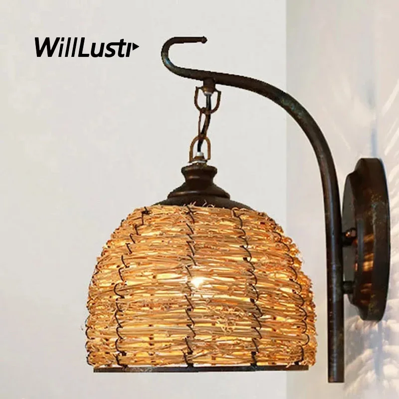 Retro Rattan Wall Lamp American Country Style Sconce Hotel Inn Bar Cafe Living Room Loft Balcony Art Deco Handmade Wicker Light