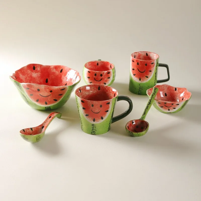 Creative and Fun Hand Drawn Watermelon Ceramic Cup, Cute Fruit Mug, Cute Smiling Face,Drinking Cup,Household Coffee,Milk Tea Cup