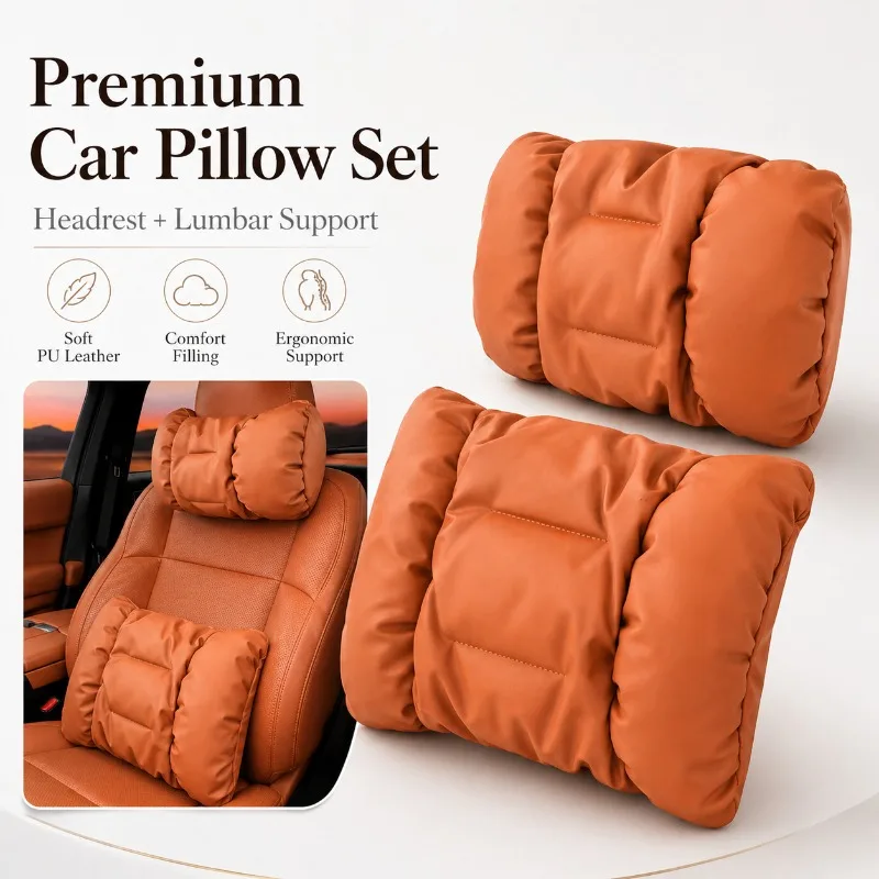 Ergonomic PU Leather Car Seat Pillow Set – Headrest & Lumbar Support – Soft Bubble Cotton Filling for Comfortable Driving