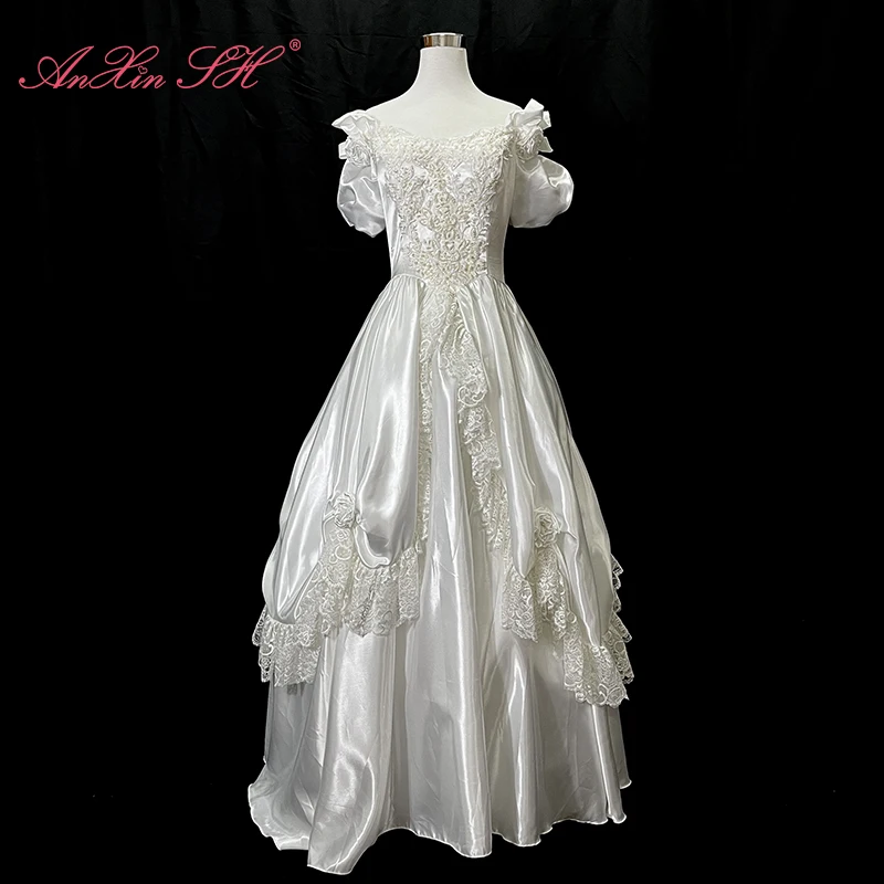 AnXin SH vintage princess white stain flower lace boat neck rose puff sleeve beading pearls Antique customized wedding dress