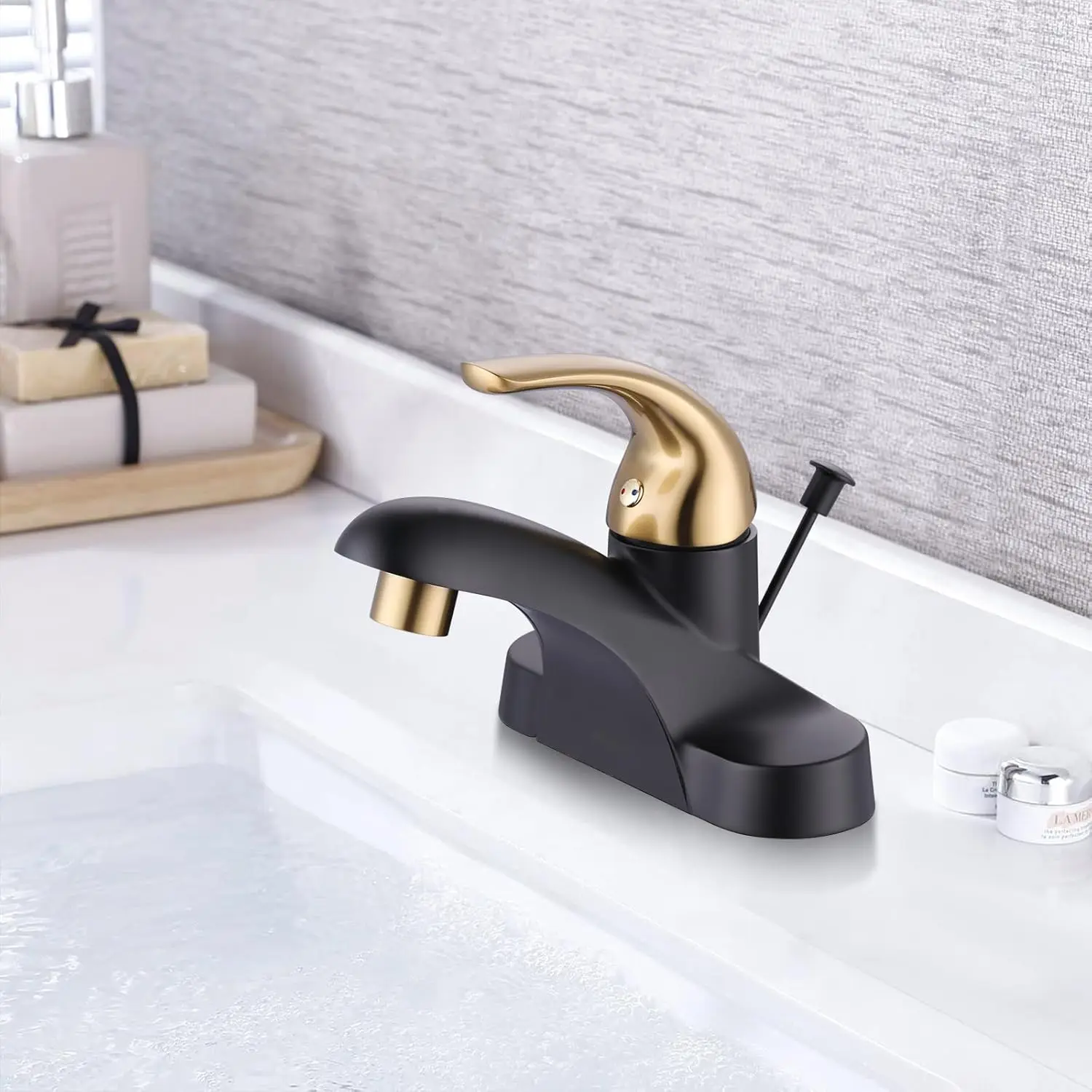 Single Handle Bathroom Sink Faucet 4 Inch Bathroom Faucet Black and Gold Basin Faucet with Drain and Supply Hoses