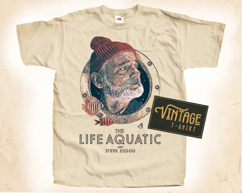 

The Life Aquatic with Steve Zissou V1 T shirt Tee Natural Vintage Cotton Movie Poster Beige All Sizes