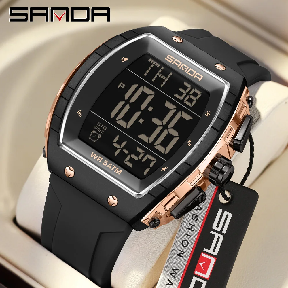 SANDA new 6258 luxury and fashionable men's watch, large dial wine barrel shaped waterproof LED student electronic watch