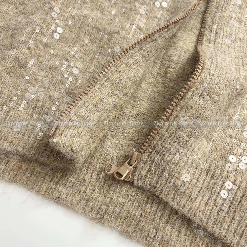 Fashion Women\'s 24 Autumn and Winter Mohair Blend Hooded Zip Cardigan Heavy Duty Beaded Embroidery Jacket
