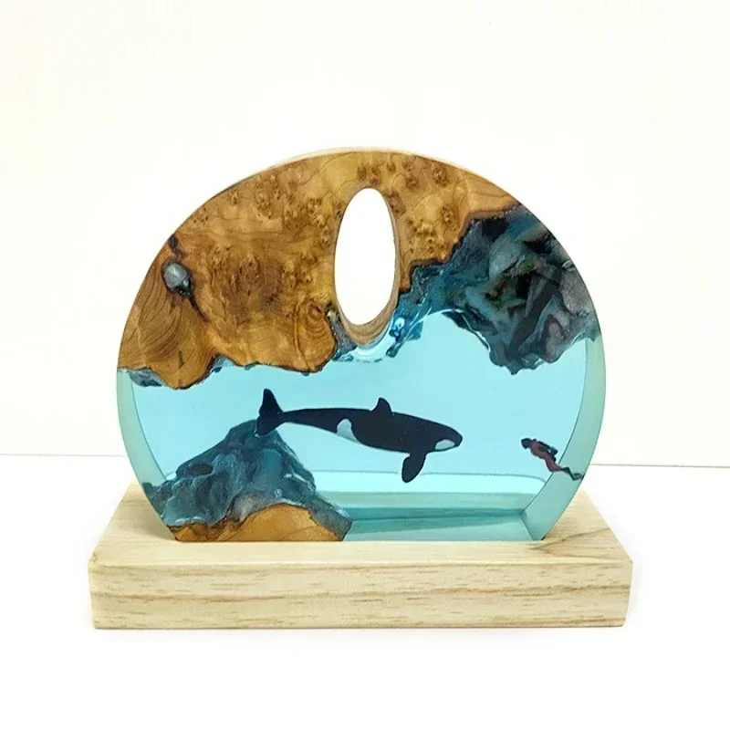 Solid wood resin ornament blue ocean killer whale diver home art ornament night light ambient light holiday gift