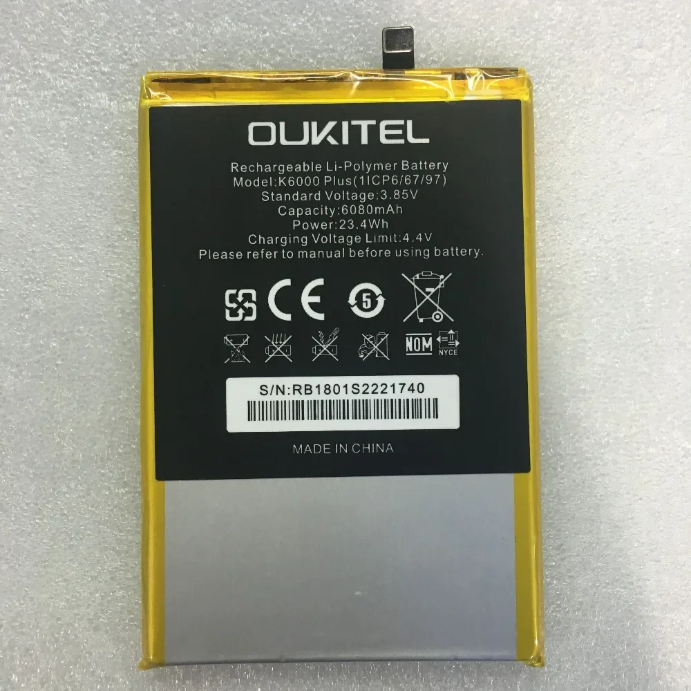 Original Replacement Battery For OUKITEL K6000 Plus Mobile Phone Rechargeable Li-polymer Batteries 6080mAh In stock