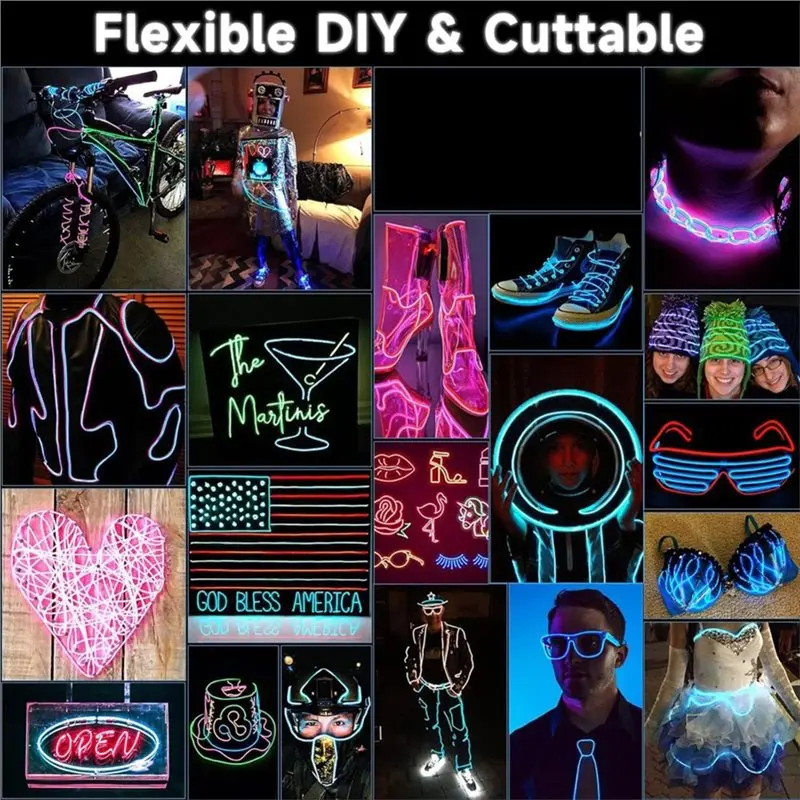 [A92P!】 Neon Glow EL Wire, 5 Pack 10Ft Electroluminescent Wire In Red/Blue/Green/Pink/White- Perfect For DIY Design Projects