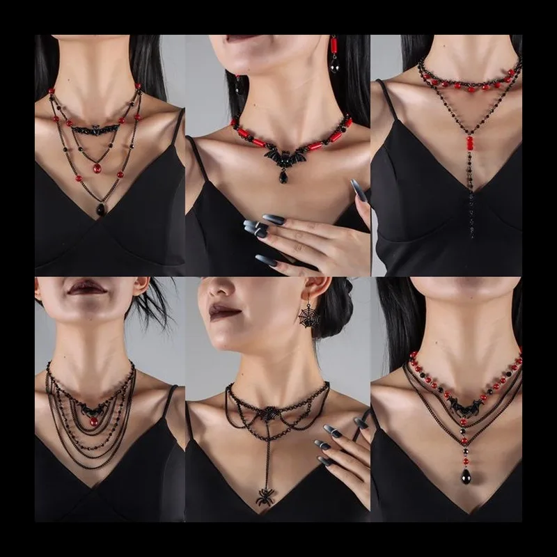

New Halloween Necklace, Retro Black and Red Color Scheme Multi-layered Design Collarbone Chain Neck Chain Female