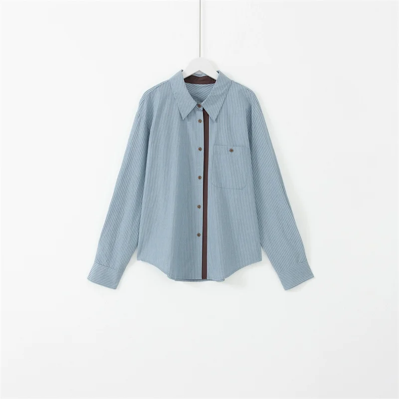 

Casual Woman Blouses Versatile Commuting Contrasting Vertical Striped Shirt for Office Ladies Fashion Fine Designer Clothes