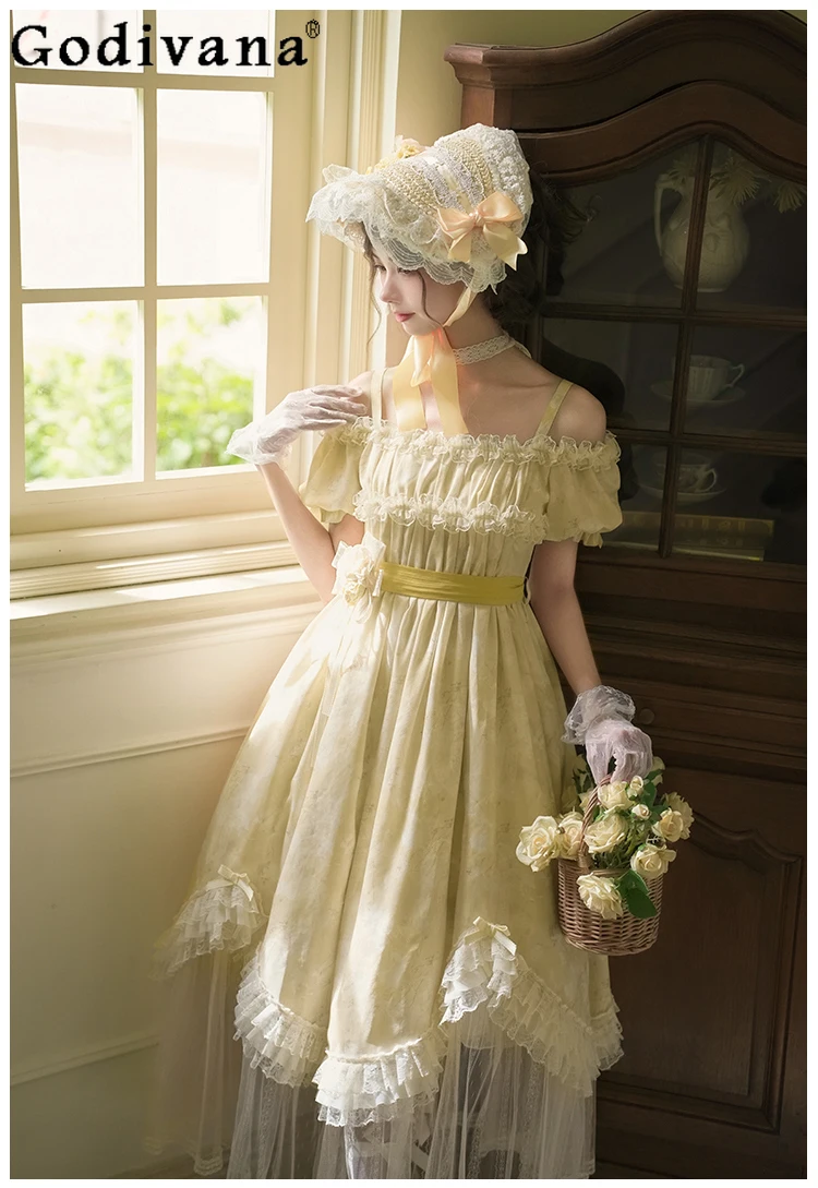 

Elegant Lady Sweet Retro Japanese Original Lolita Dress Cute Girl Off-Shoulder Daily Versatile Strap Long Dress