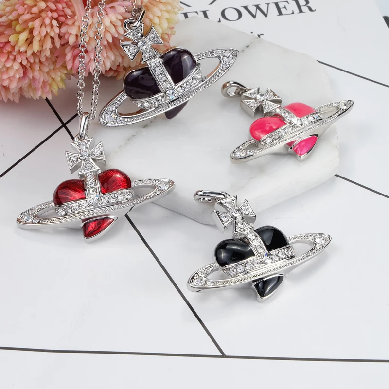 

S925 Sterling Silver Sweet Romantic Large Love French Epoxy Charm Pendant Necklace Valentine's Day Gift for Girls