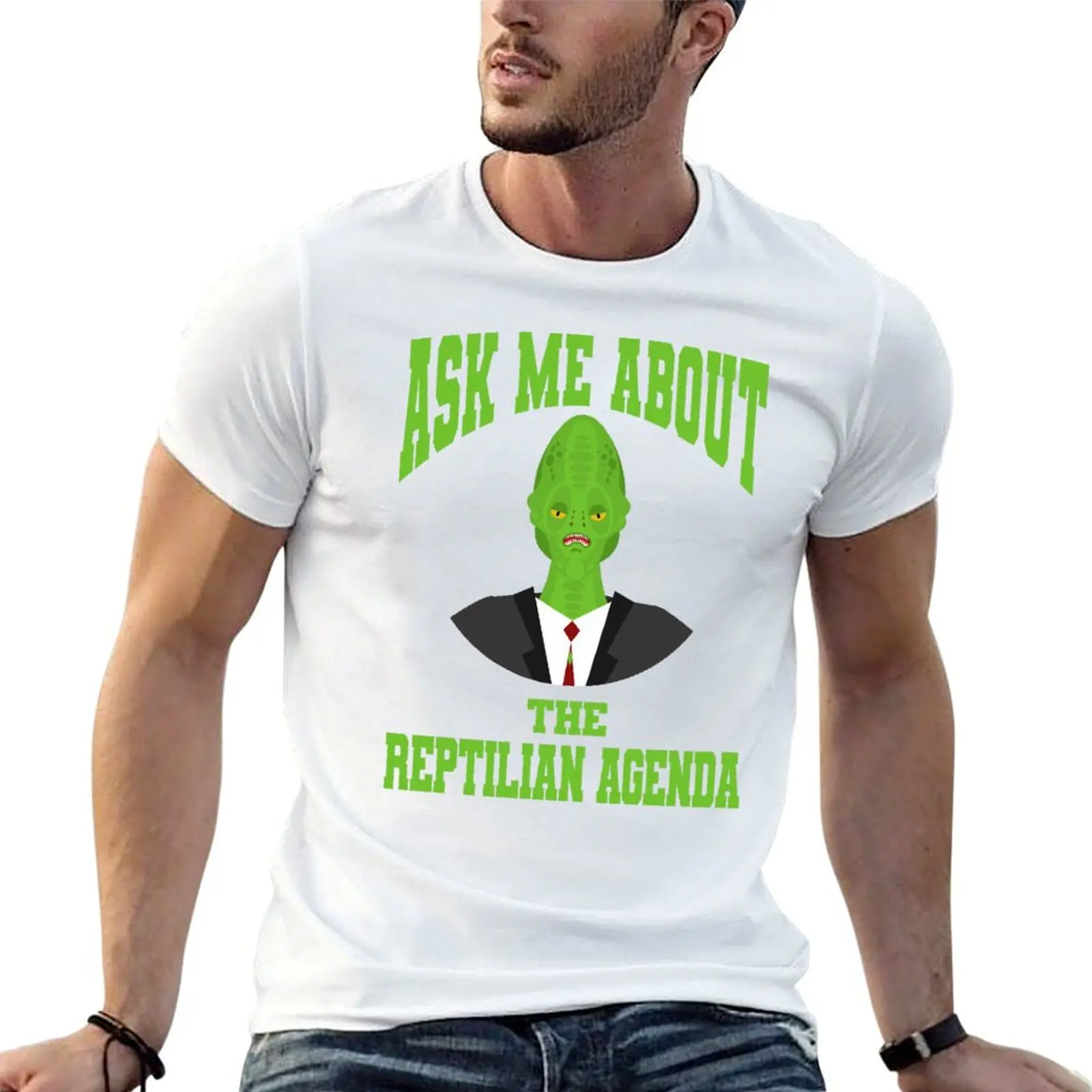 Ask Me About The Reptilian Agenda Lizard People T-Shirt Street Style Casual Tee Shirt