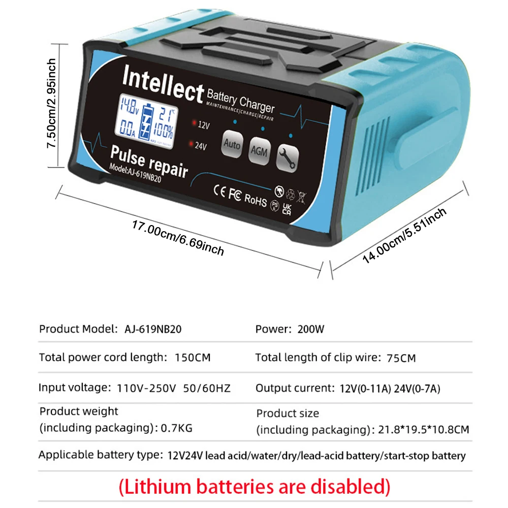 12V/24V LCD Display Fully Automatic For Lead Acid Batteries 200W Pulse Repair Car Battery Charger EU US Plug High Power