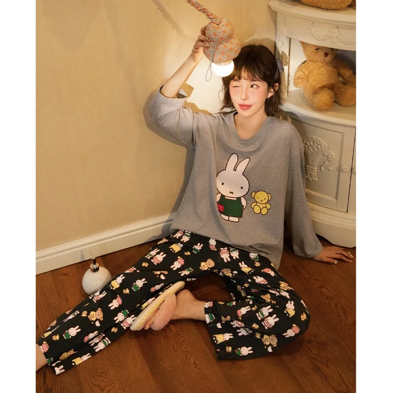 

Женские пижамы Miffy можно носить на улице весной и осенью, милый комплект домашней одежды из чистого хлопка с длинными рукавами и героями мультфильмов