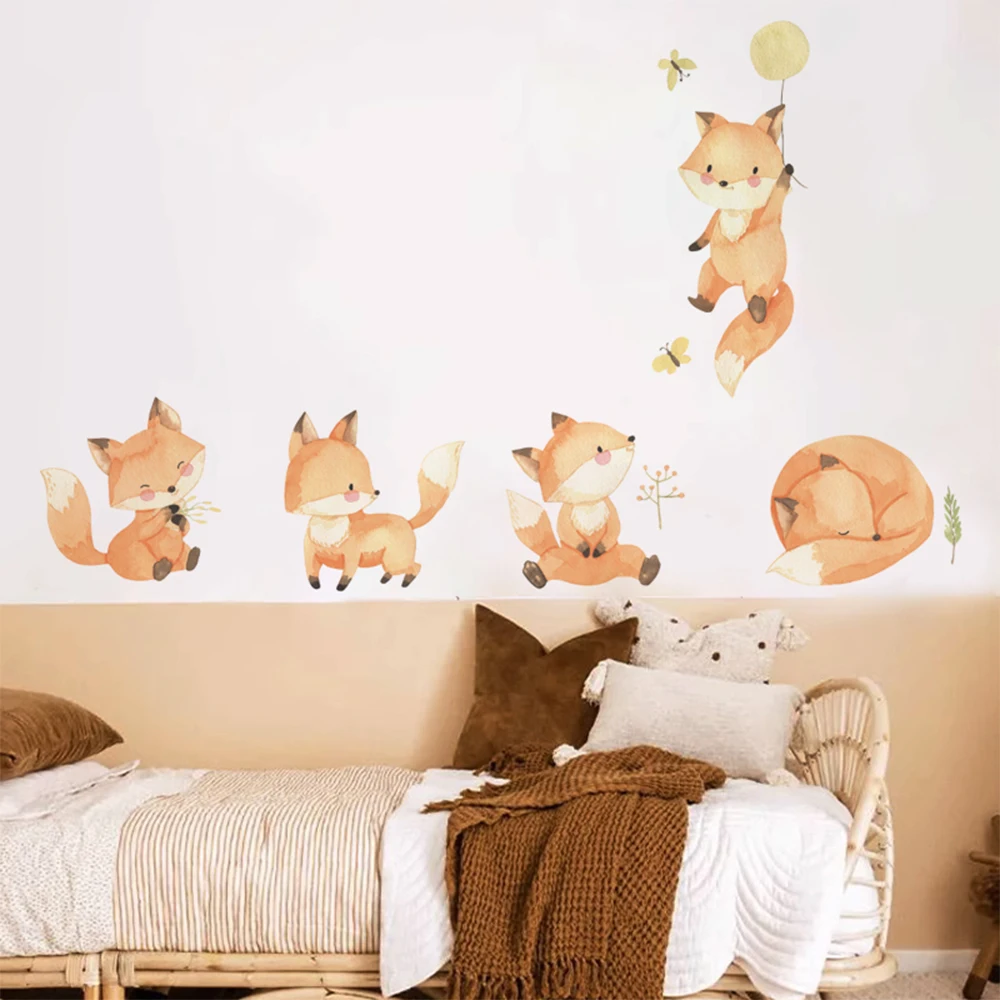 Boho Cartoon Cute Fox Friend Animal Clouds Wall Decal Watercolor Vinyl Nursery Print Kids Boys Girls Room Interior Home Decor
