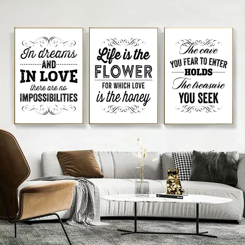 Black White Inspirational Life Quotes Canvas Art Poster Prints Modern Motivational Wall Decor for Living Room Bedroom