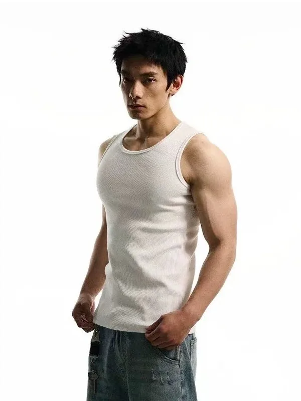 Summer Thick Ribbed Sweat Vest Fitness Sleeveless Show Muscle Men Heavy Elastic Base Shirt Tight Shoulderless Tank Top