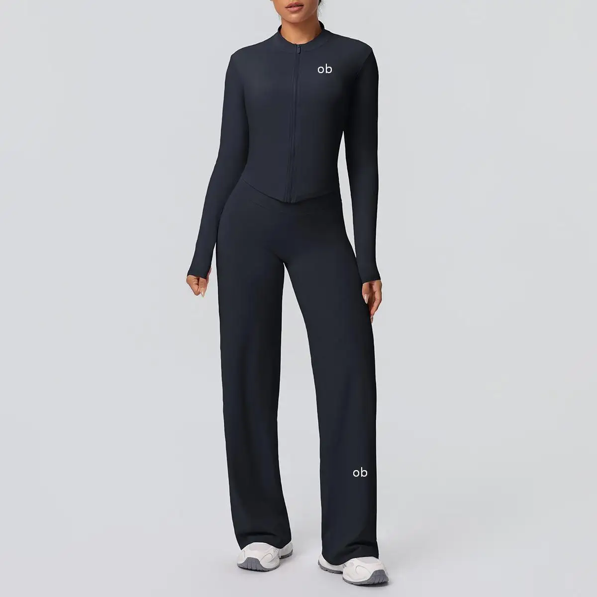 New solid color brushed breathable zipper jacket wide leg pants yoga suit set sports running fitness two-piece set