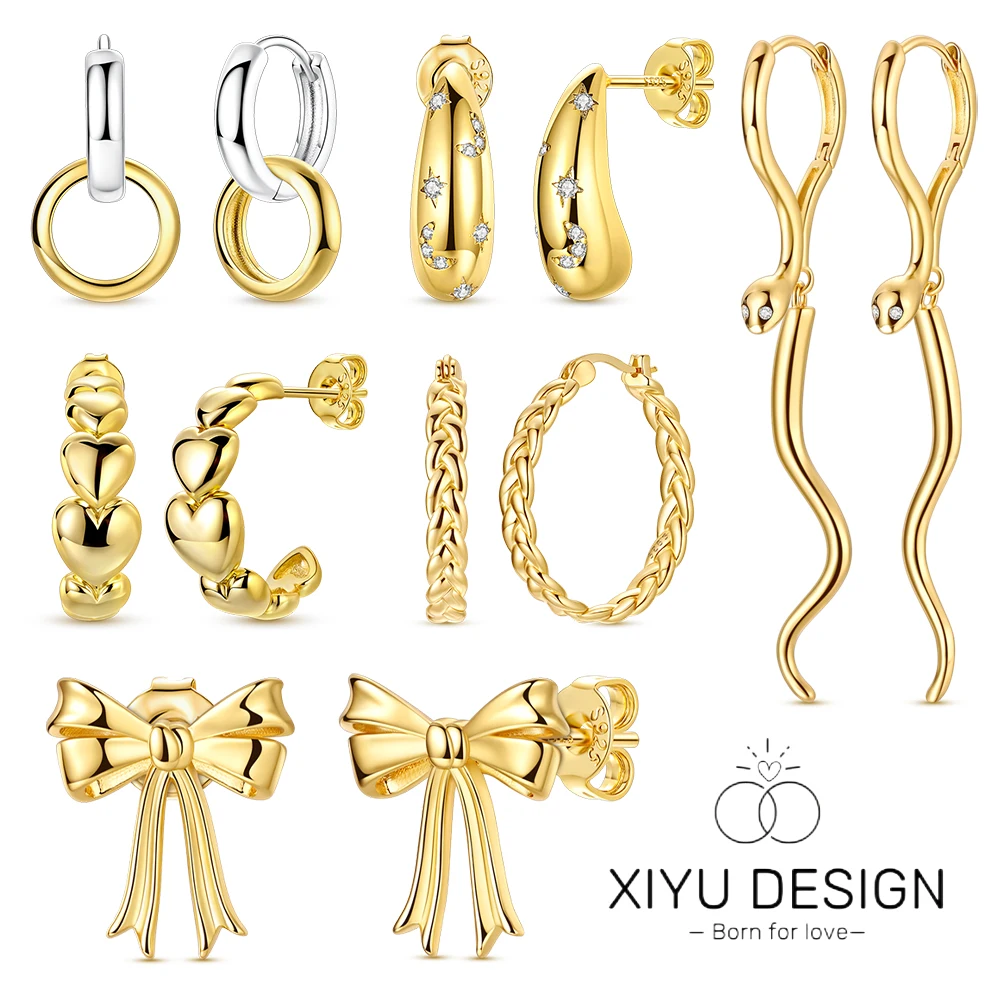 

925 Silver Temperament Gold Bow Love Snake King Earrings Fit Original Charm Hoop For Women Girls Stud Earring Fine Jewelry Gifts