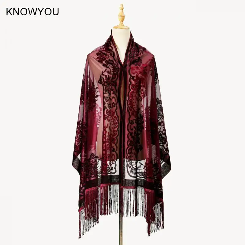 Châle de Luxe en Velours Jacquard Pashmina pour Femme, Élégant, Long Glands, Cape, Qipao, 190x70cm