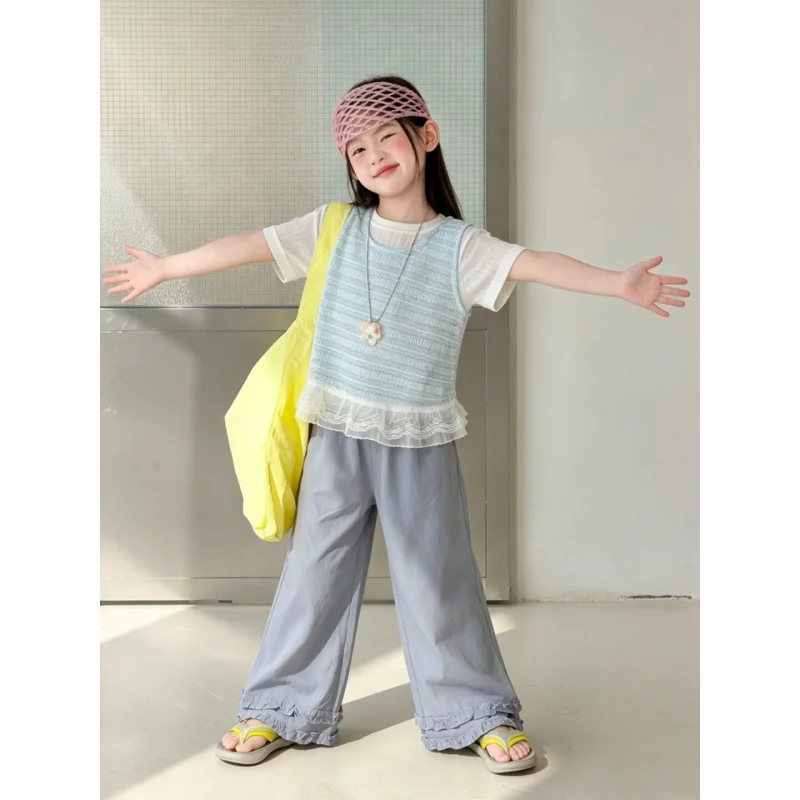 Girls' outfit with a light luxury and high-end feel, summer Korean-style wear for older girls, summer short-sleeve children's th