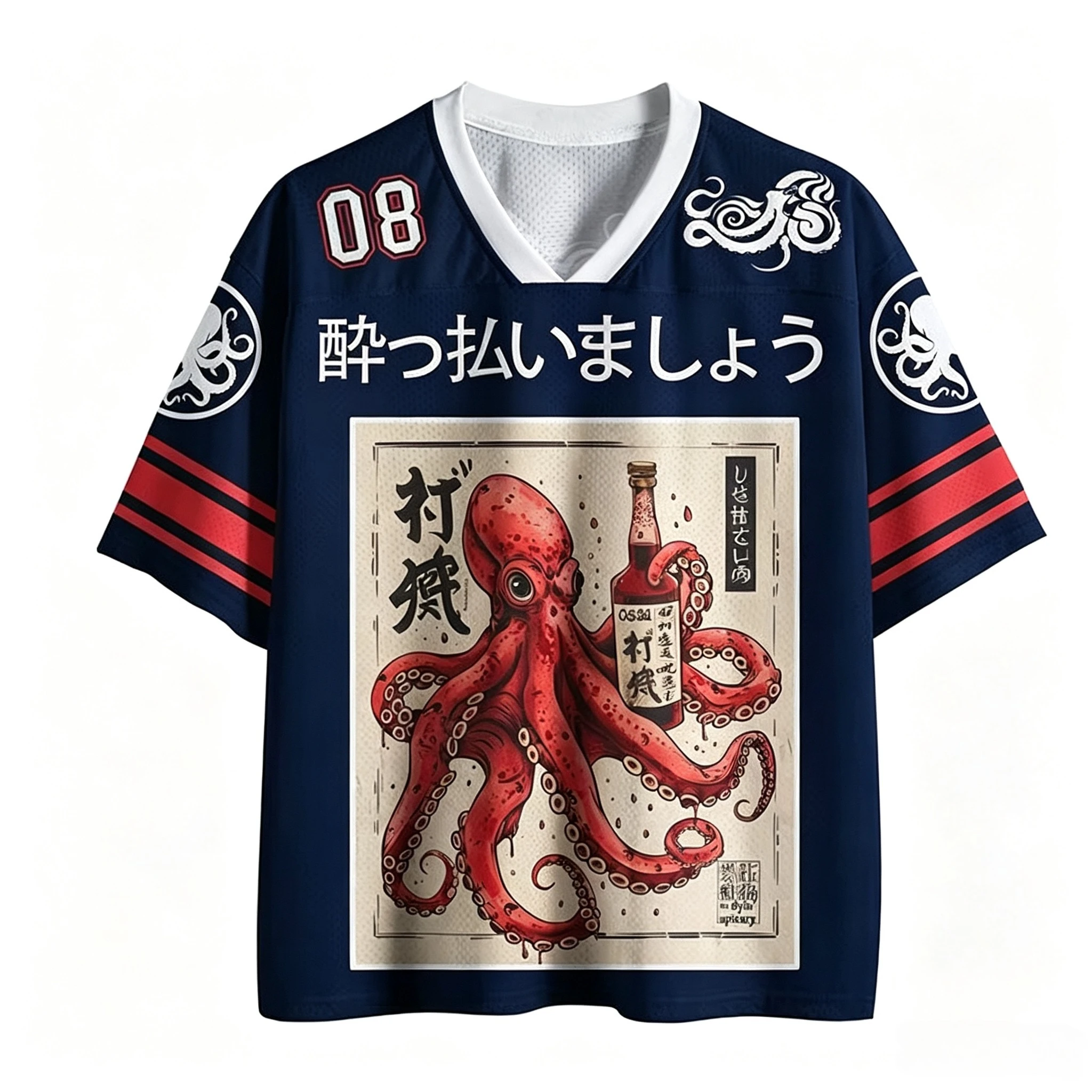Hot Sale Family Matching Retro Ukiyo‑e Octopus Sake Graphic V‑Neck Jersey Tee Hip‑Hop Daily Street Casual Short Sleeve Top