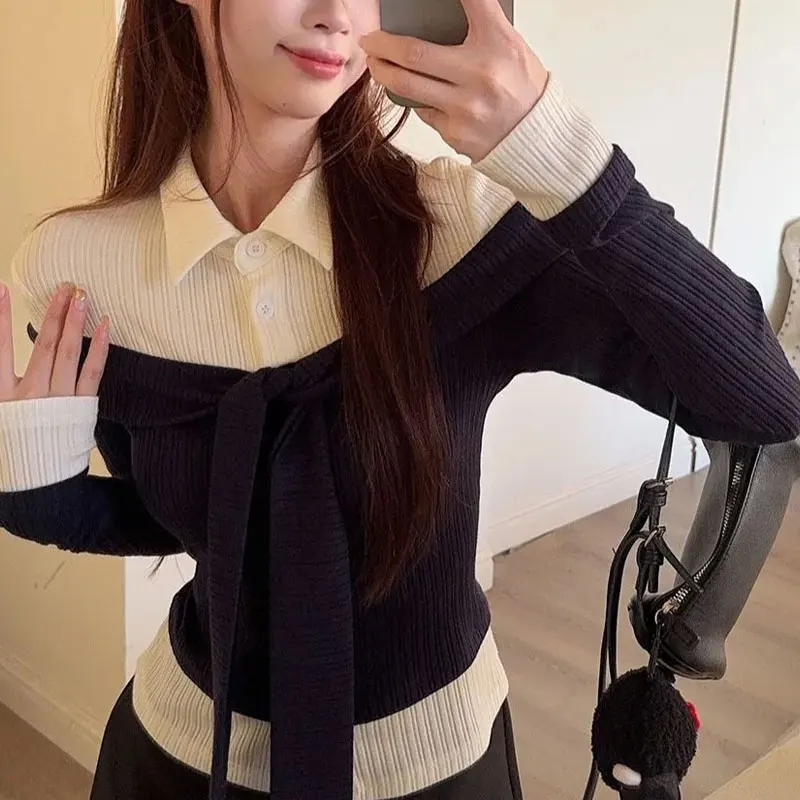 

Contrasting Colors Korean Slim Pullovers Autumn Fake Two Pieces Patchwork Female Clothing Lapel Button Stylish Bandage T-shirts