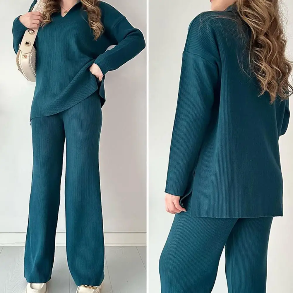 Lady Loose Outfit Cozy Knitted Women's Pajama Set with V Neck Top Wide Leg Trousers for Fall Winter Loungewear Collection Thread